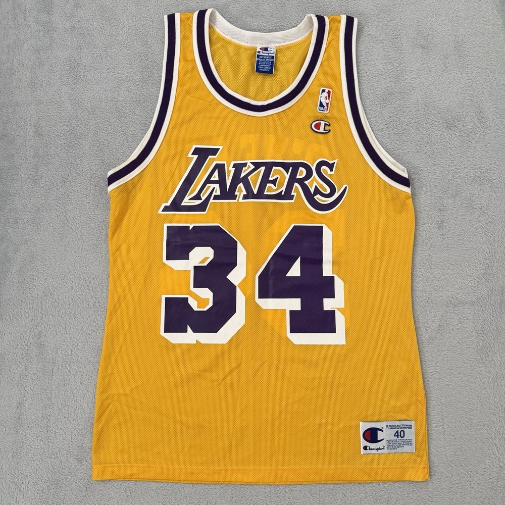 Vintage Champion Los Angeles Lakers Shaquille O'Neal Jersey Mens 40 Yellow USA